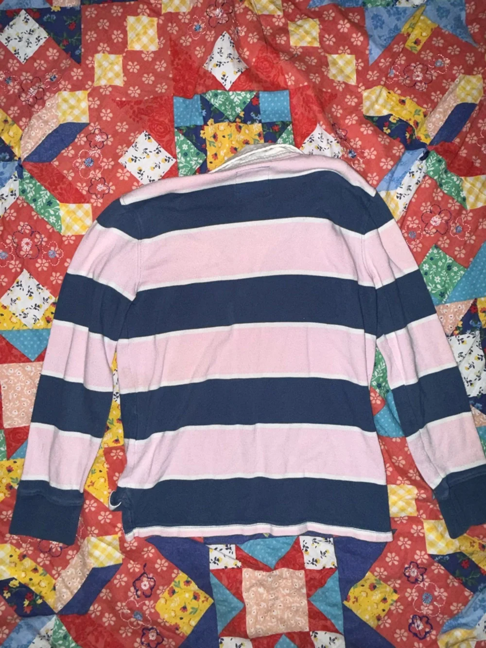 Lands' End Pink and Navy Striped Rugby Polo